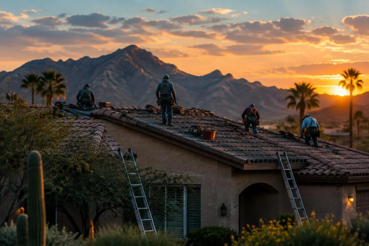 Roofing crew on an Arizona home at dusk, how to market a roofing company